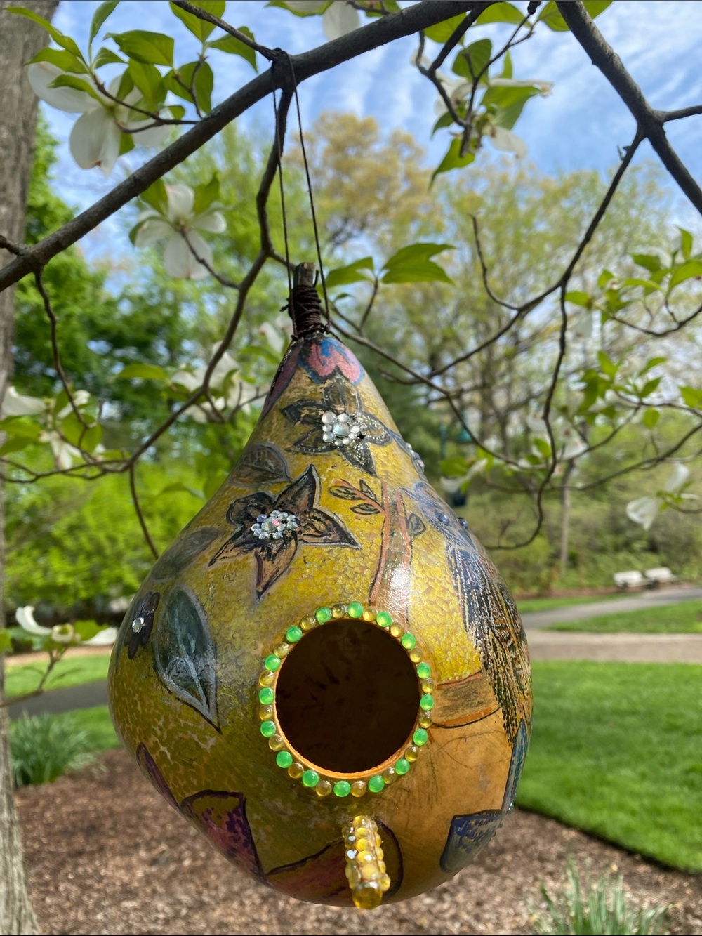 Hand-Painted Yellow Gourd Birdhouse with Gem Accents